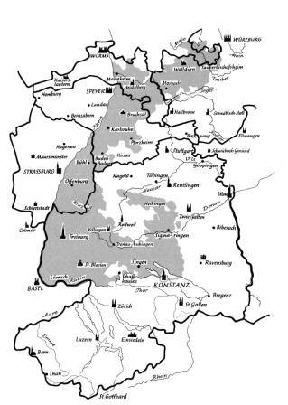 Quelle: Erzb. Archiv Freiburg Karte der mittelalterlichen Diözesen am Oberrhein, grau die im 19. Jahrhundert enstandene Erzdiözese Freiburg